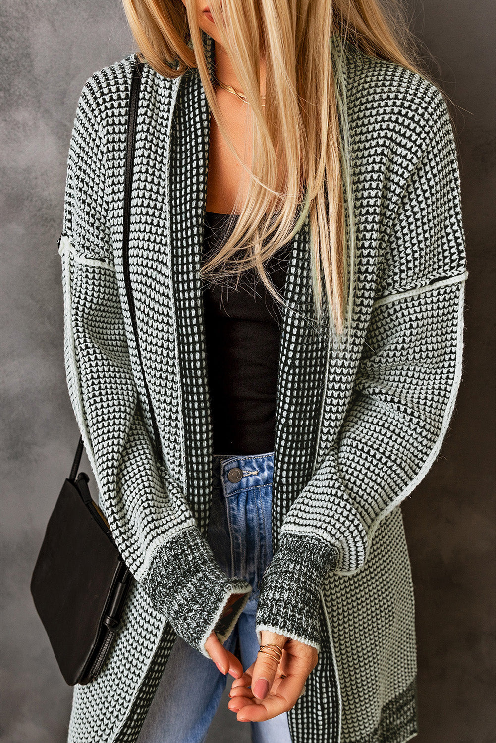 Apricot Plaid Knitted Long Open Front Cardigan eAura