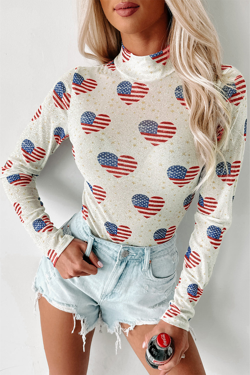 White Americana Glitter Mesh Long Sleeve Bodysuit eAura
