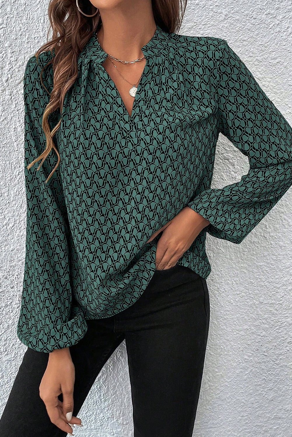 Green Geometric Print Notched Neck Puff Sleeve Blouse eAura