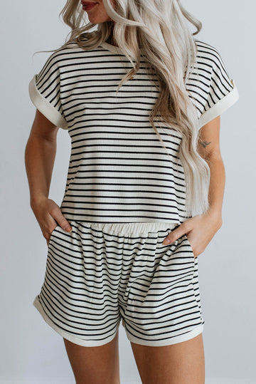 White Stripe Contrast Edge Tee and Shorts Co-ord Set eAura