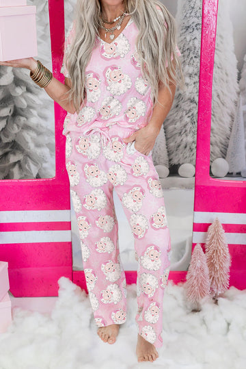 Pink Santa Claus Print V-Neck Tee Drawstring Pyjama Set - eAura