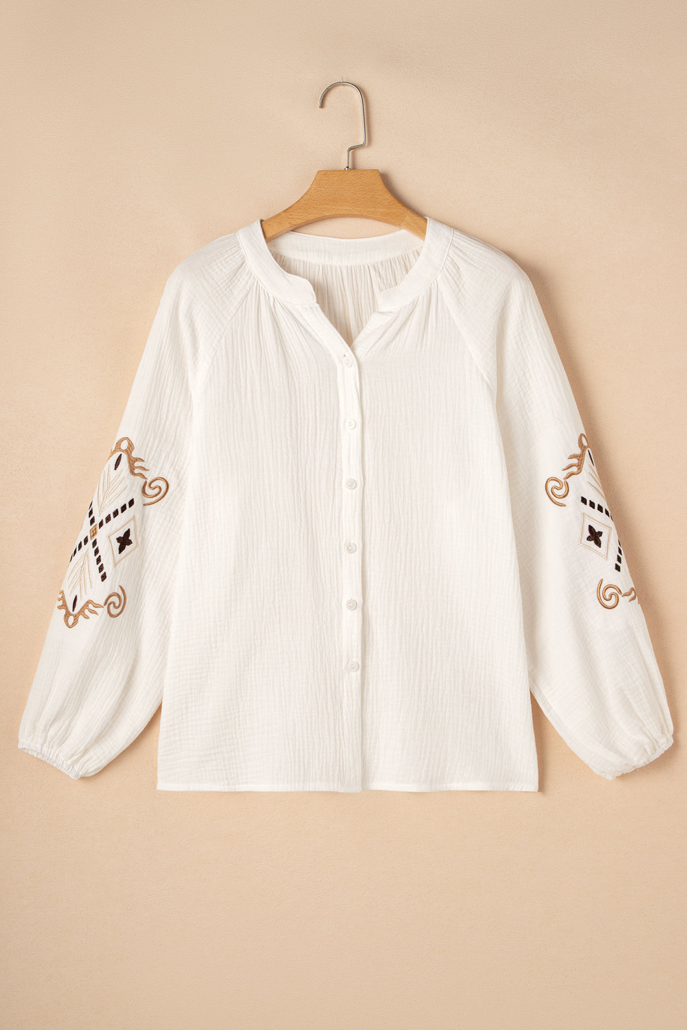 White Embroidered Textured Buttoned Crew Neck Shirt eAura