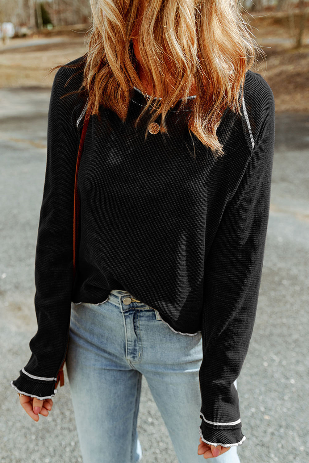 Black Textured Round Neck Long Sleeve Top eAura