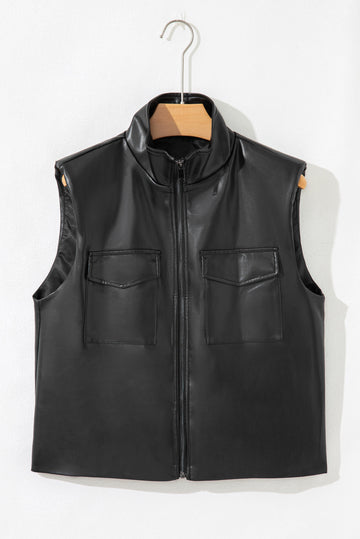Black Double Flap Pocket Faux Leather Zip Up Stand Neck Vest eAura