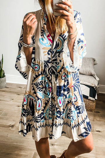 White Printed Tribal Bracelet Sleeve Buttoned Mini Dress eAura