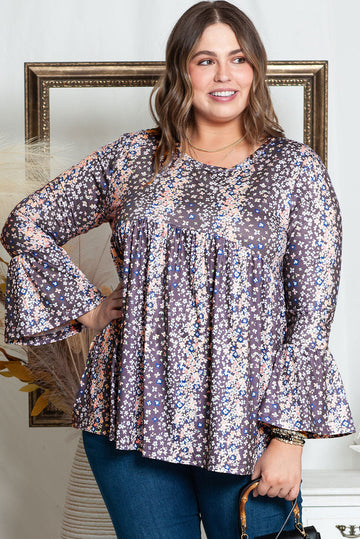 Purple Floral Print Round Neck Plus Size Babydoll Blouse BB Fashion Outlet