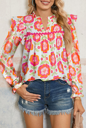 Rose Floral Printed Ruffled Long Sleeve Blouse - eAura