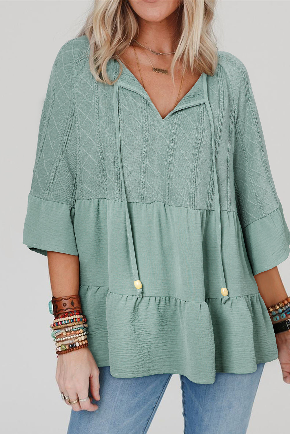 Laurel Green Tie Split Neck Textured Ruffle Patchwork Blouse eAura
