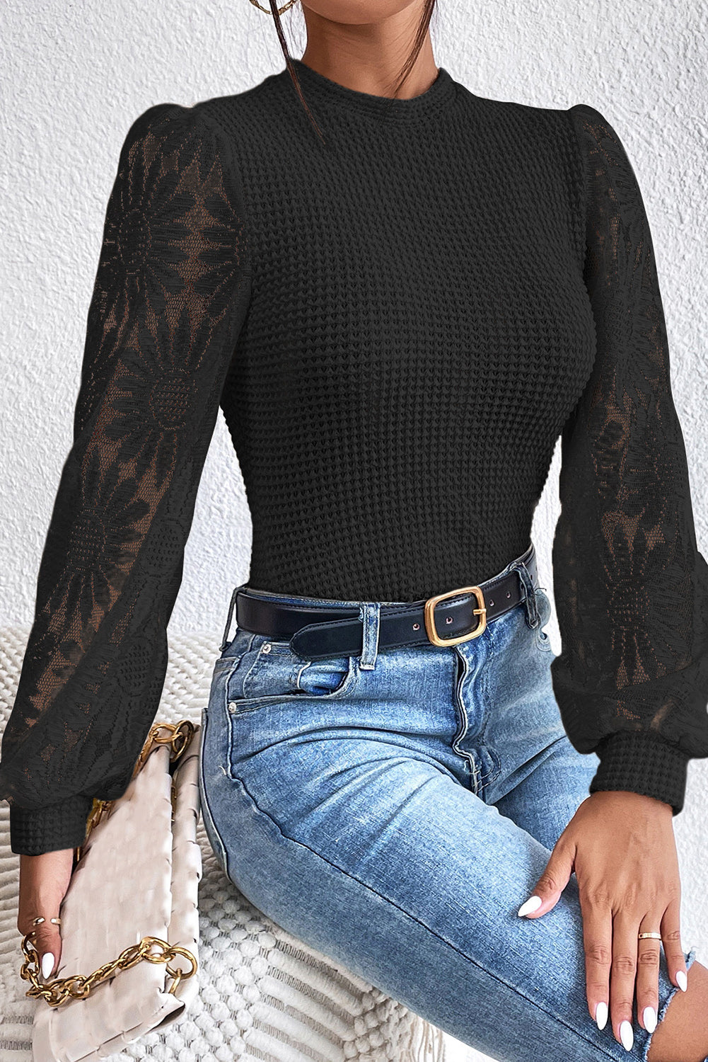 Peach Blossom Sunflower Mesh Bubble Sleeve Waffle Knit Top eAura