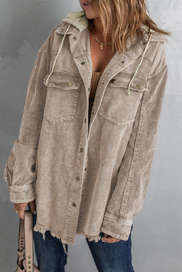 Khaki Patchwork Hooded Corduroy Shacket BB Fashion Outlet