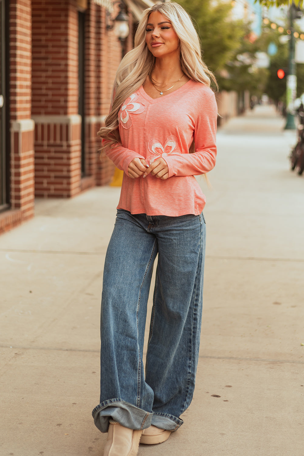 Fresh Salmon Floral Patchwork V-Neck Long Sleeve T Shirt eAura