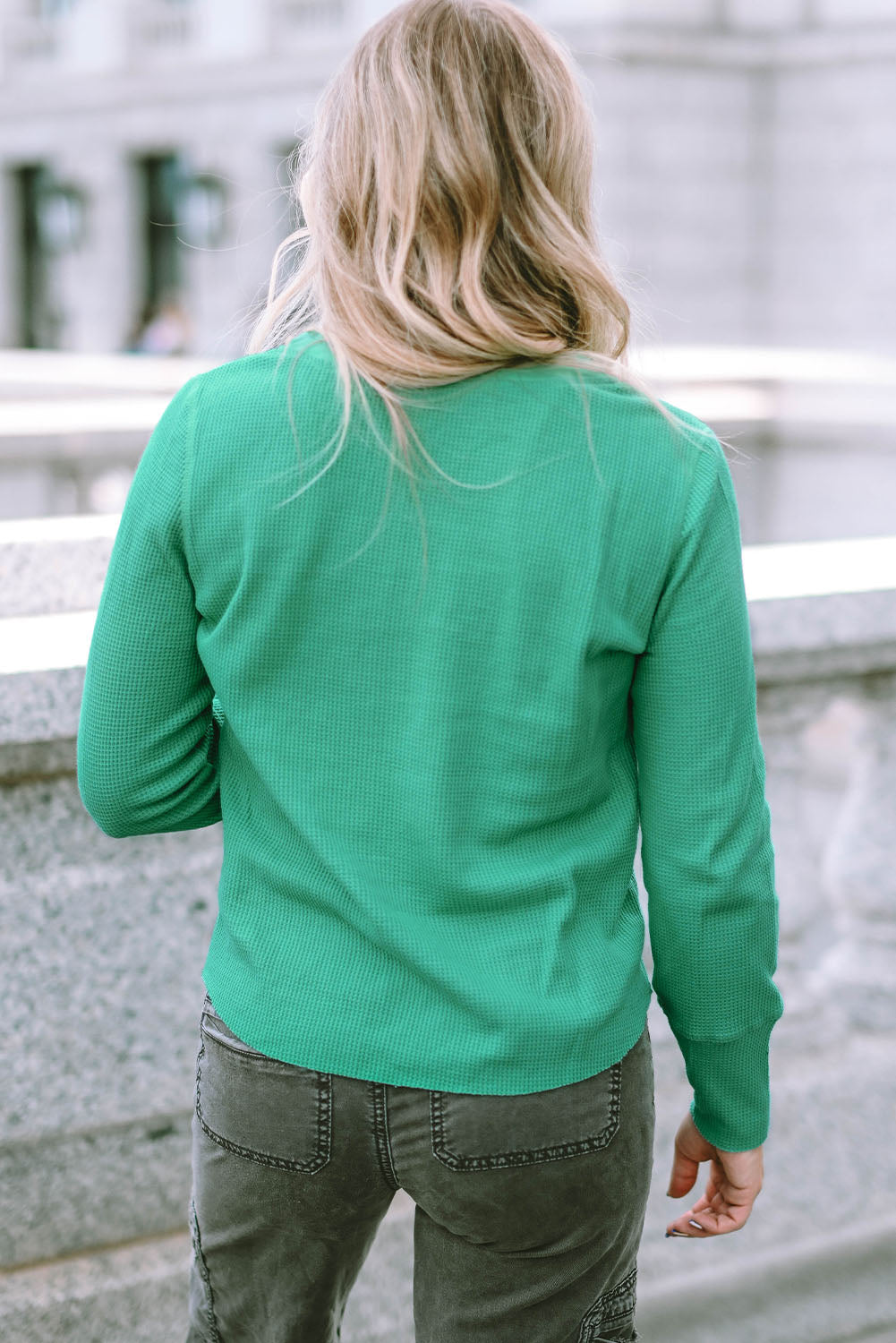 Green Trimmed Neckline Waffle Knit Henley Top eAura