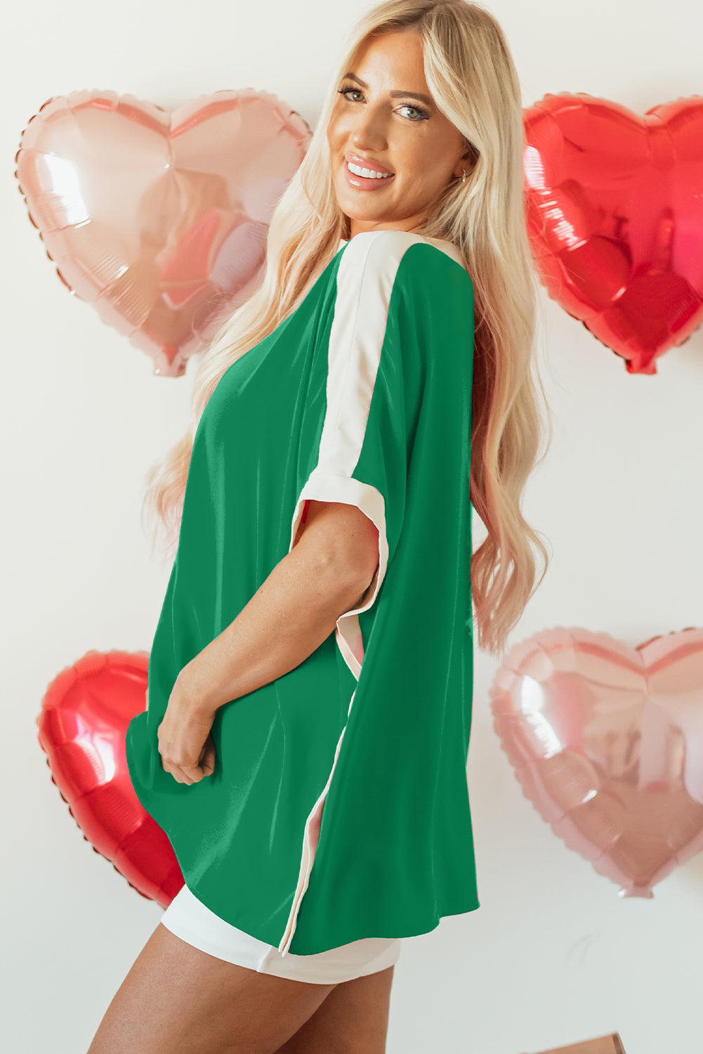 Rose Red Oversized Colour Block Boat Neck Tunic Blouse eAura