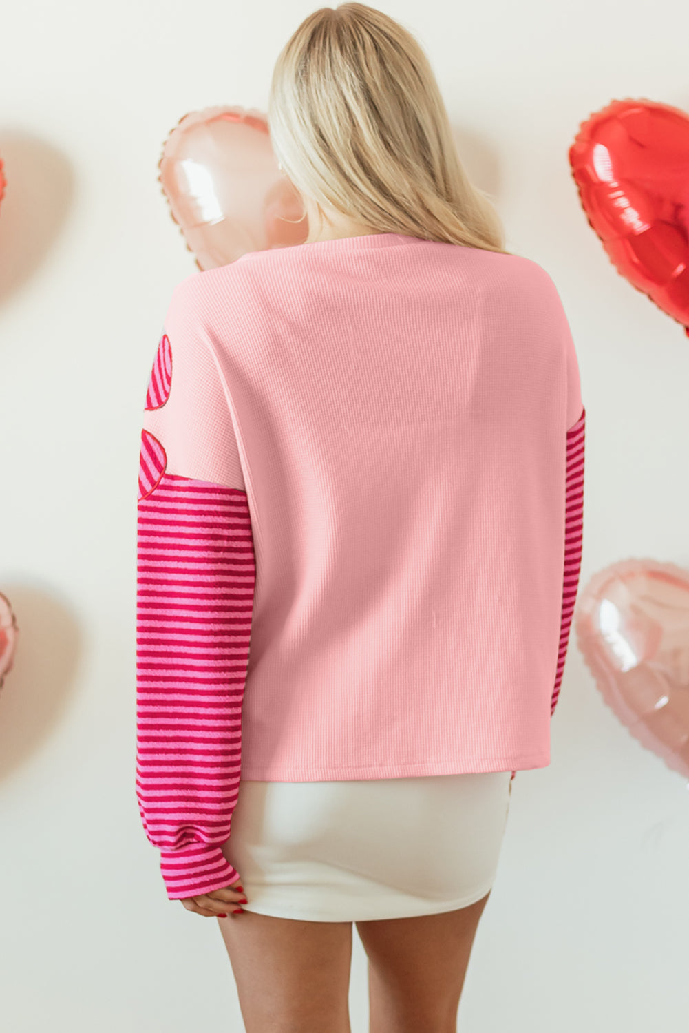 Pink Floral Patch Colour Block Striped Sleeve Textured Top eAura