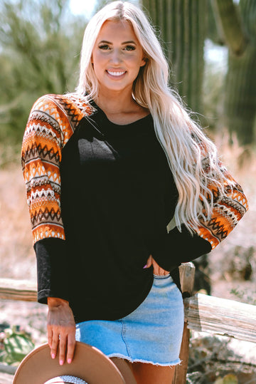 Orange Geo Print Raglan Patchwork Long Sleeve Tee eAura