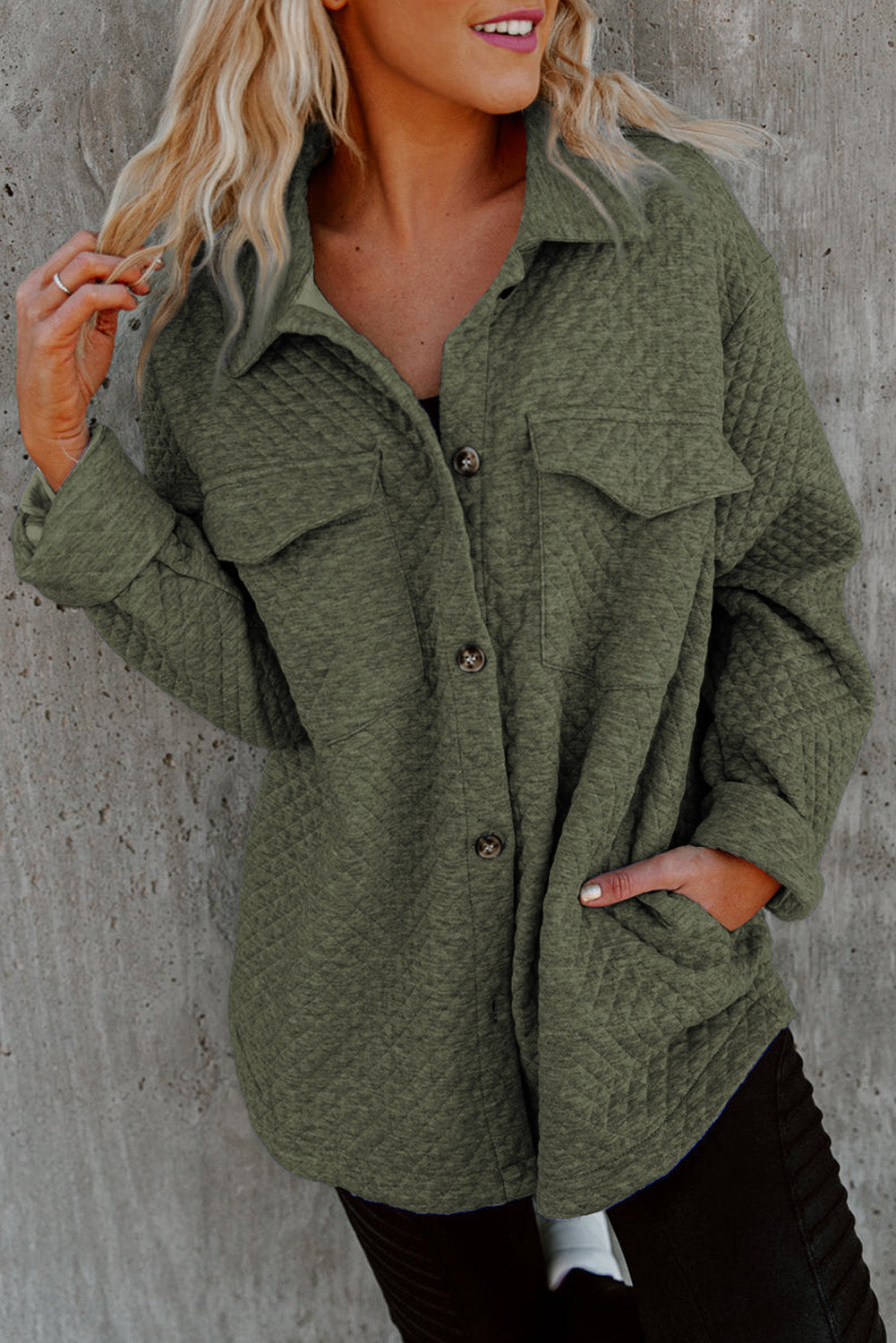 Green Retro Quilted Flap Pocket Button Shacket eAura