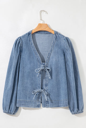 Tied Front Long Puff Sleeve Denim Top - eAura