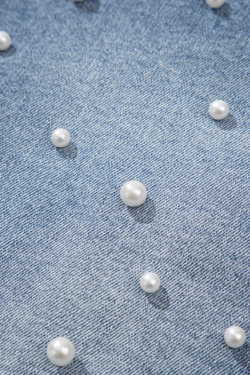 Dusk Blue Pearl Beaded Raw Hem Medium Wash Denim Shorts eAura