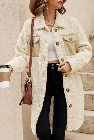 Beige Contrast Flap Pocket Single Breasted Teddy Coat eAura