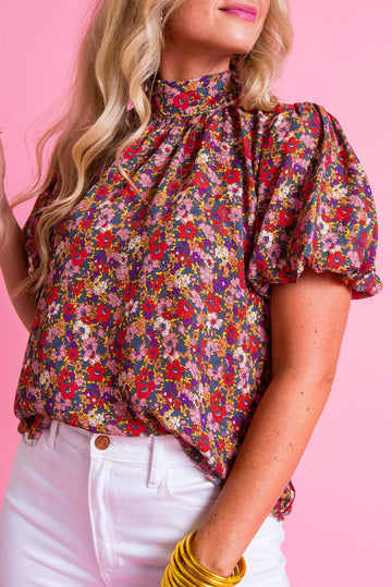 Purple Floral Print Knotted High Neck Puff Sleeve Blouse eAura