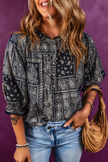 Navy Blue Vintage Boho Paisley Print 3/4 Sleeve Blouse eAura