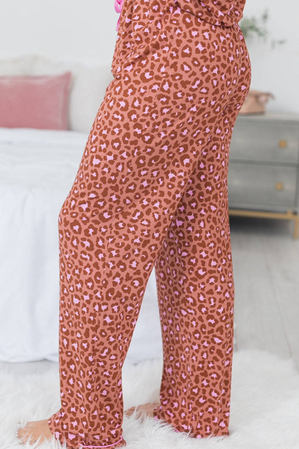 Brown Leopard Print Short Sleeve Shirt and Trousers Pyjamas Set eAura