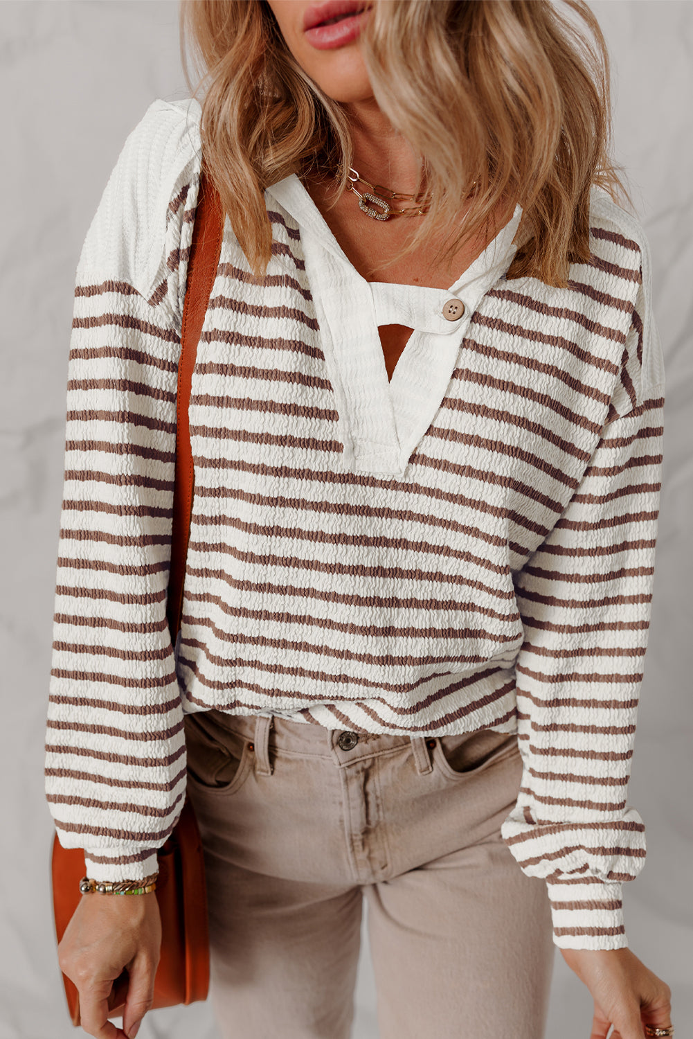 Khaki Stripe Textured Hooded V-Neck Top eAura