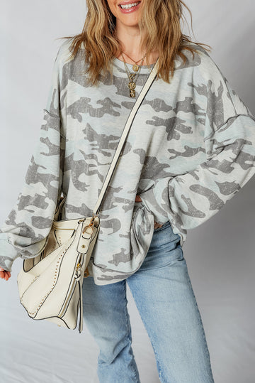 Retro Camouflage Print Exposed Seam Patchwork Drop Shoulder Sweatshirt - eAura