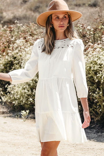White Floral Lace Patchwork Bracelet Sleeve Tiered Mini Dress Beagle Boutique Fashion Outlet