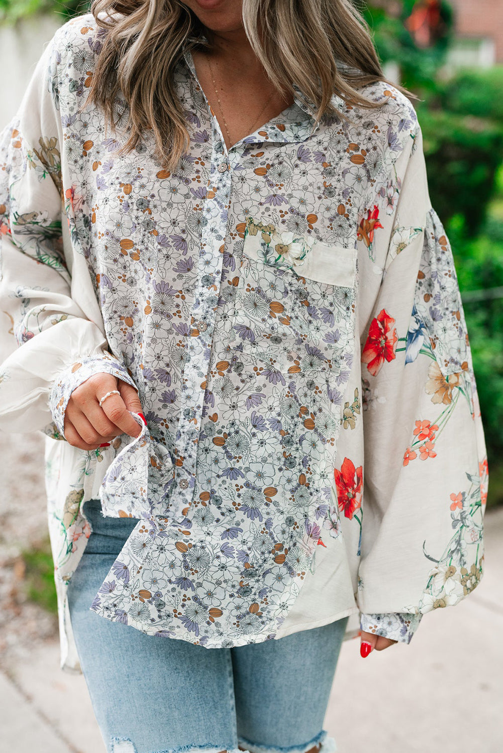Purple Boho Floral Bishop Sleeve Button Up Loose Shirt eAura