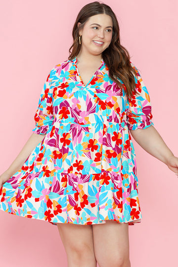 Multicolour Floral Tiered V Neck Plus Dress BB Fashion Outlet