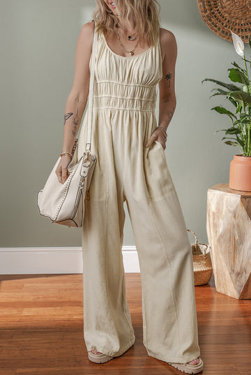 Beige Ruched High Waist Sleeveless Wide Leg Jumpsuit eAura