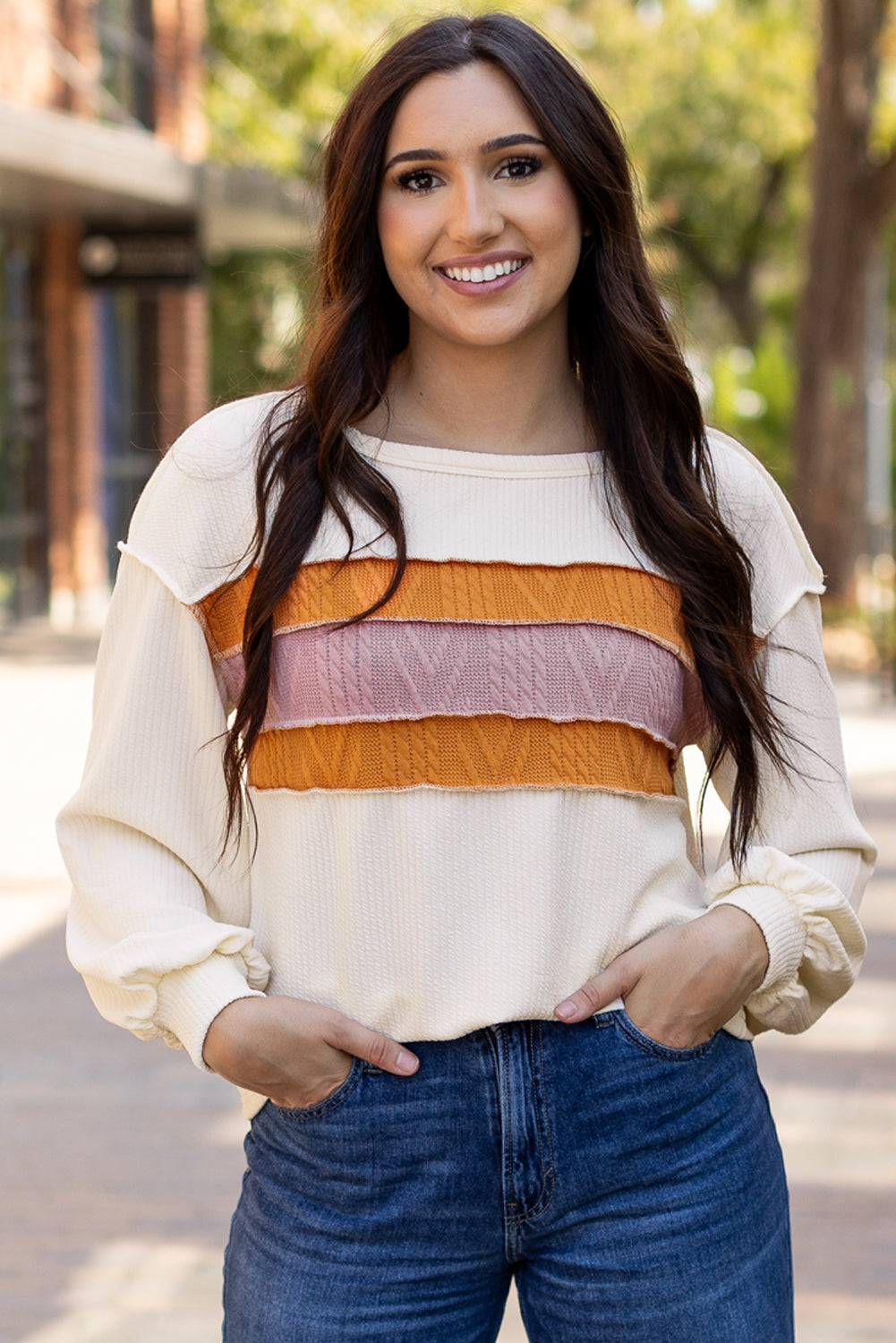 White Ribbed Exposed Seam Knit Patchwork Drop Sleeve Top eAura
