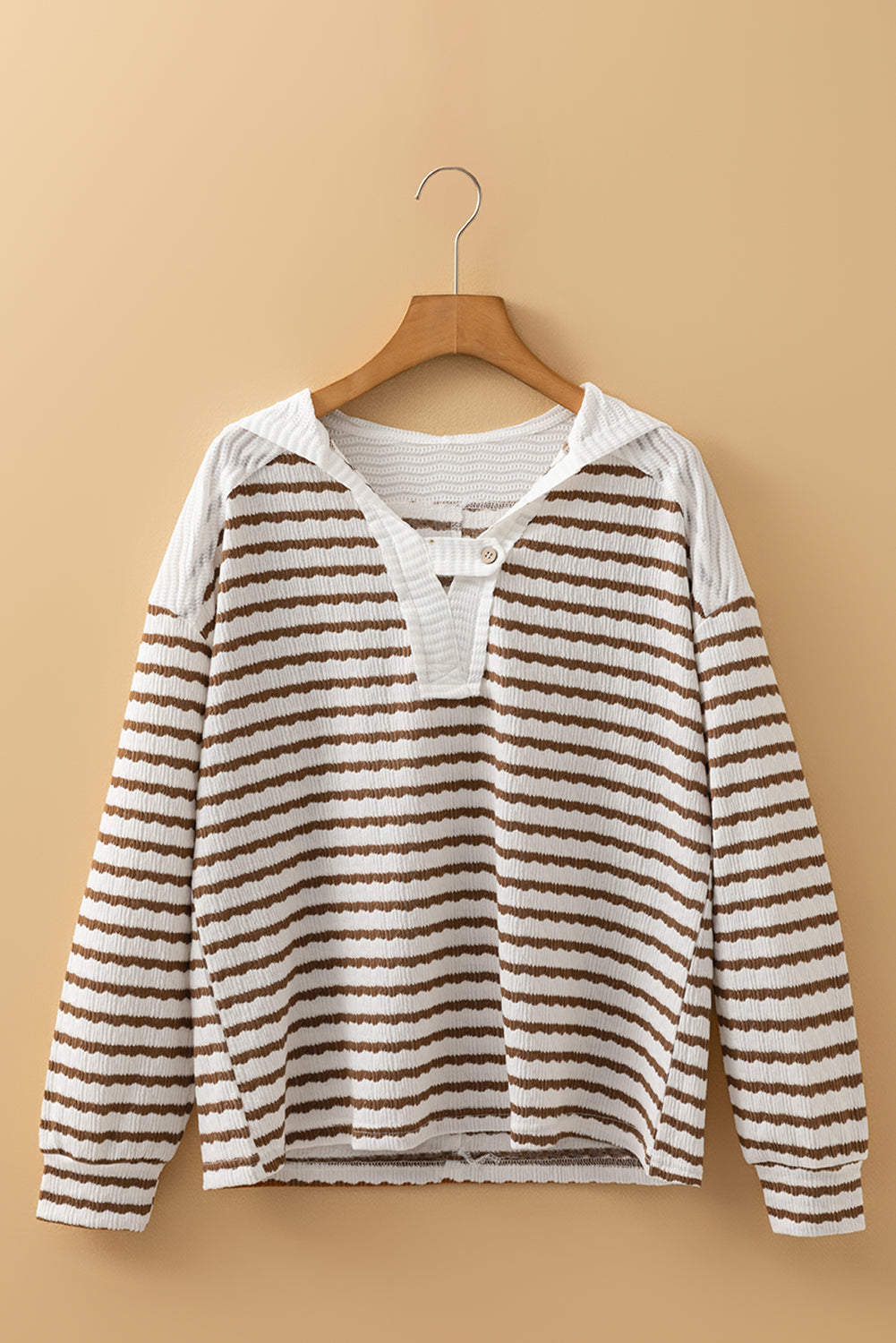 Khaki Stripe Textured Hooded V-Neck Top - BB Fashion Outlet