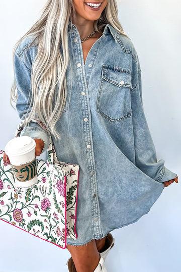 Beau Blue Chest Pocket Raw Hem Denim Baggy Shirt Dress Dear-Lover Dropshipping