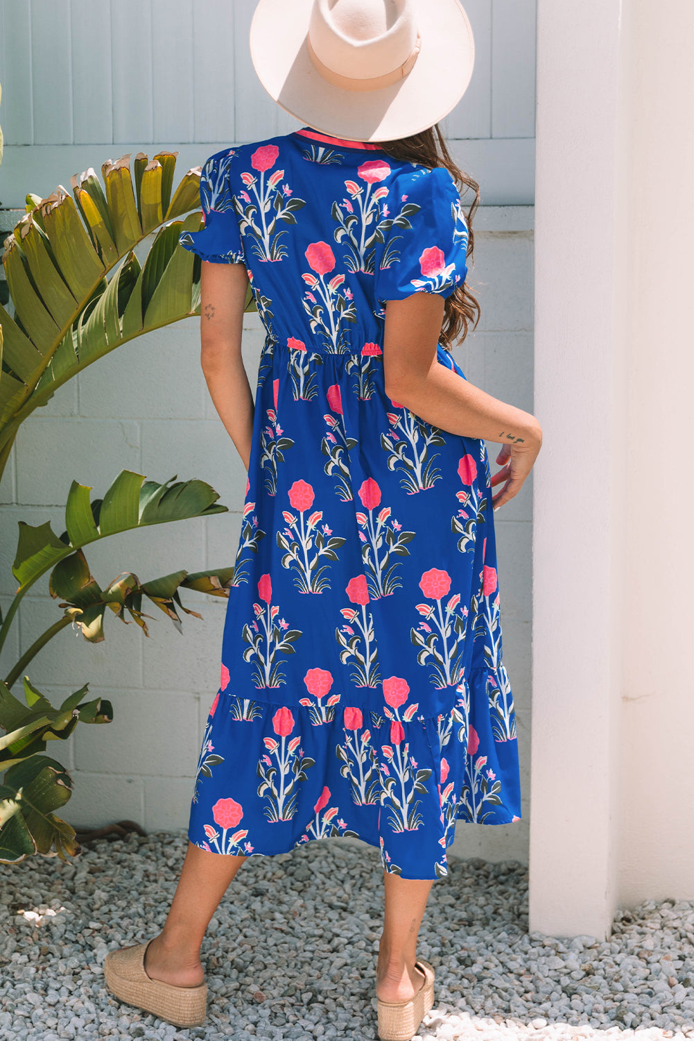 Floral Puff Short Sleeve V Neck High Waist Maxi Dress eAura