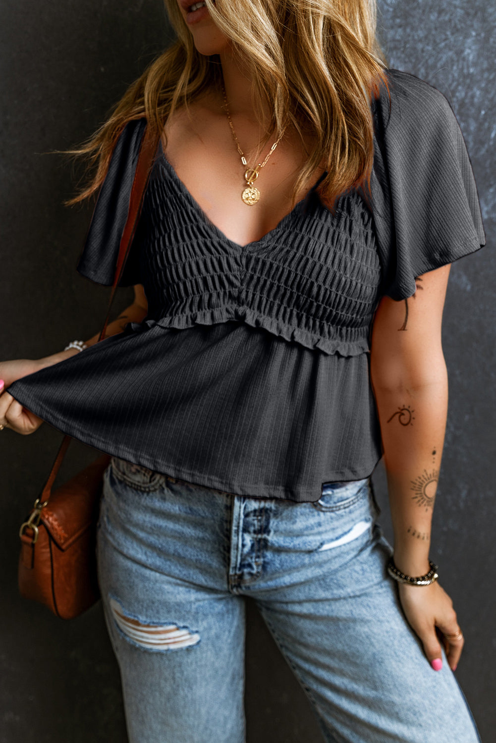 Oatmeal Shirred V Neck Short Flutter Sleeve Textured Blouse eAura