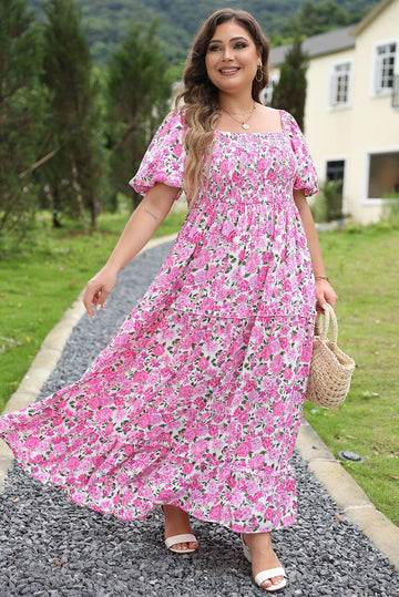 Pink Plus Size Floral Print Smocked Puff Sleeve Dress BB Fashion Outlet
