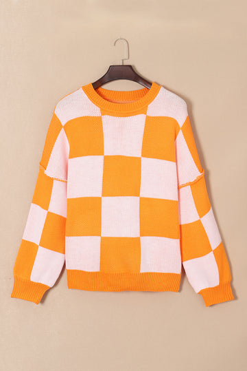 Large Checkered Bishop Sleeve Sweater - BB Fashion Outlet