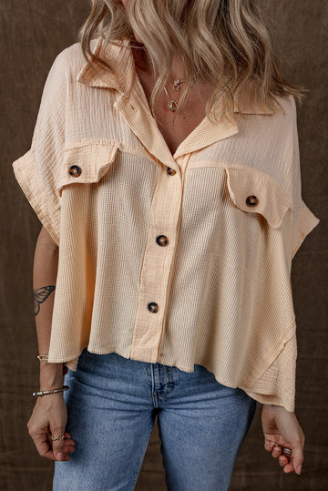 Beige Waffle Short Batwing Sleeve Flap Detail Wide Shirt eAura