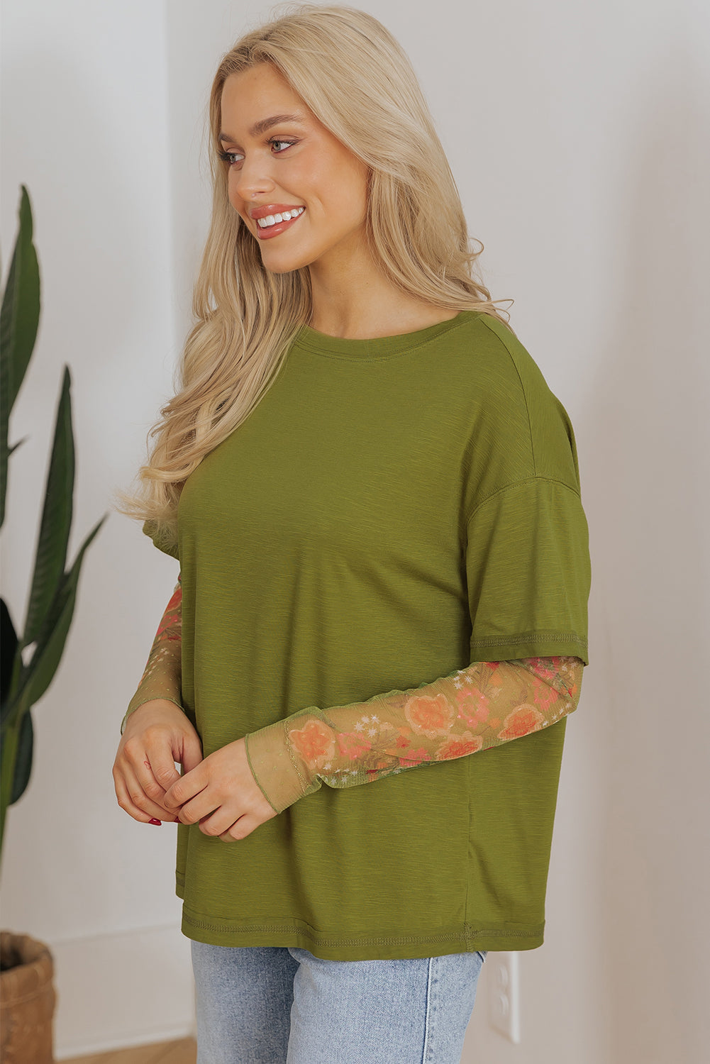 Fern Green Faux Two Piece Floral Long Sleeve Patchwork Tee eAura