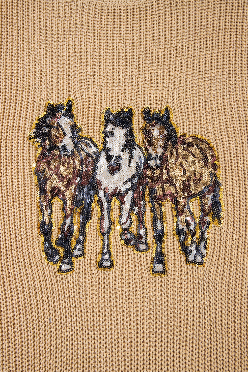 Parchment Sequin Horse Graphic Lightweight Knit Top eAura