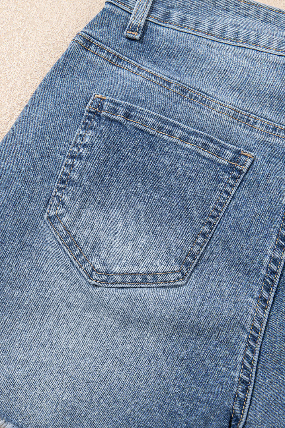 Dusk Blue Pearl Beaded Raw Hem Medium Wash Denim Shorts eAura