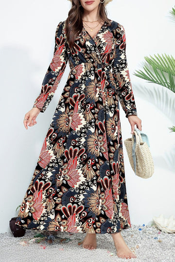 Black Floral Print V Neck Wrap High Waist Maxi Dress Beagle Boutique Fashion Outlet
