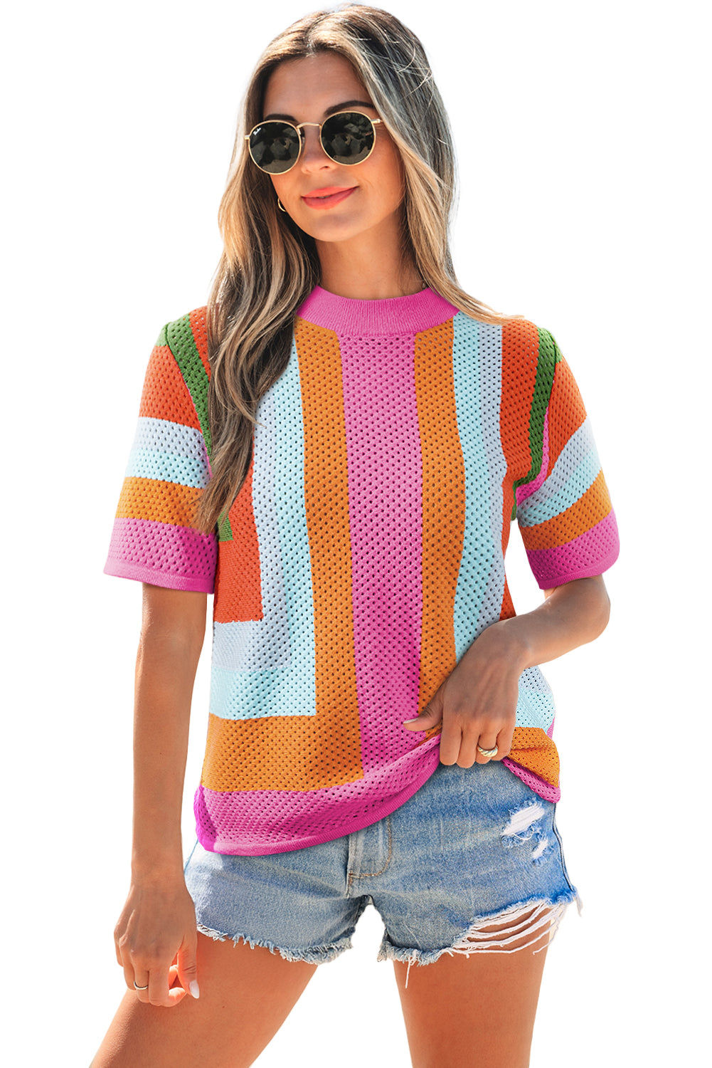 Orange Colour Block Eyelet Casual Knit T-Shirt eAura