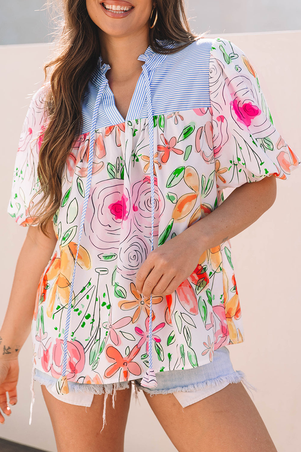 Multicolour Floral Print Striped Yoke Frilled V Neck Puff Short Sleeve Blouse eAura