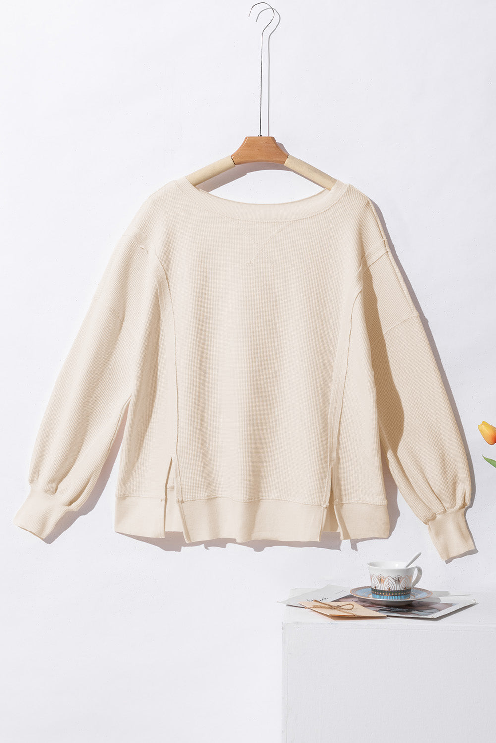 White Waffle knit Bishop Sleeve Split Oversized Top eAura