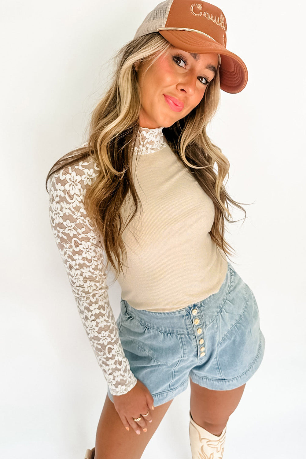 Beige Floral Lace Patchwork Long Sleeve High Neck Slim Top eAura