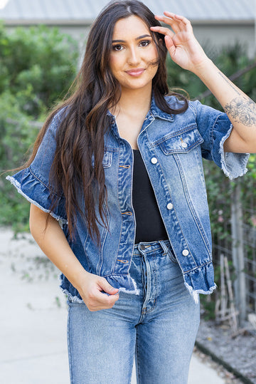 Peacock Blue Raw Edge Ruffled Short Sleeve Denim Jacket eAura