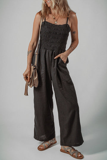 Black Spaghetti Straps Shirred Bodice Pocketed Wide Leg Jumpsuit eAura